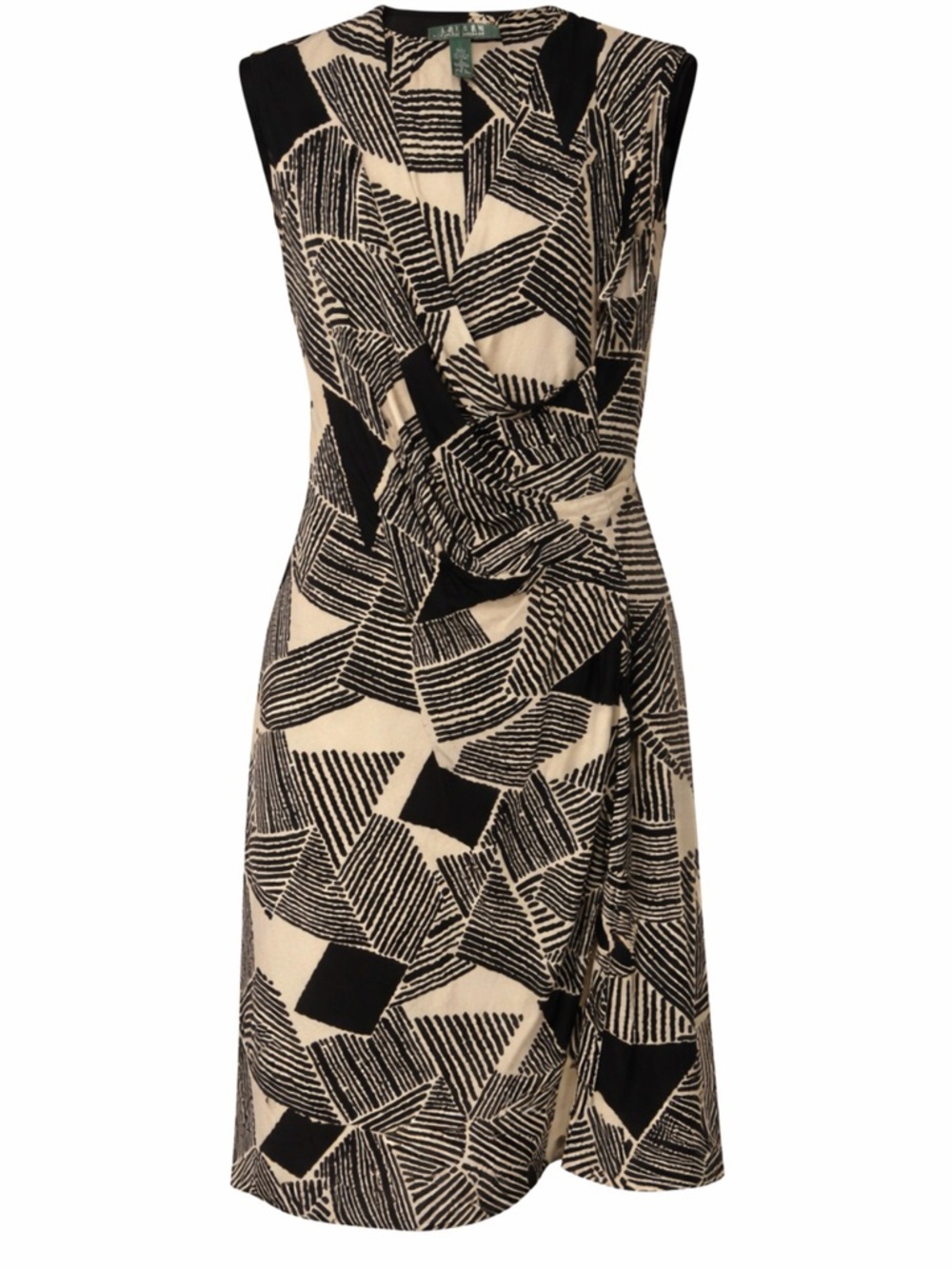 Lauren Ralph Lauren Midi Dress Large Black Tan Sleeveless Faux Wrap Stretchy